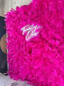21st Birthday Packages: Hot Pink Feather Wall Backdrop (2.4m x 2m) – Neon Sign Included