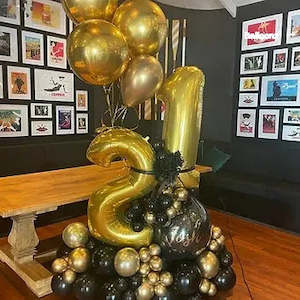 80th Birthday Display: 21st Marquee balloon stand black and gold