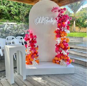 Milestone Birthday Packages 18th 21st 30th 40th 50th 60th 70th 90th And 100th: Ripple and floral backdrop arrangment with neon Ohh baby