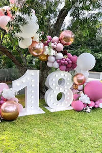 Giant Light Up Numbers Hire: 18 Light up numbers and ballon garland floral package