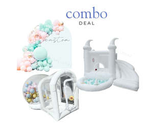 White Bouncy Castle + Bubble House + Aquamarine Balloon Arch Package