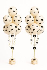 21st Birthday Packages: Retro White Helium Balloons with Black Satin Bows – 8 Balloon Bouquet