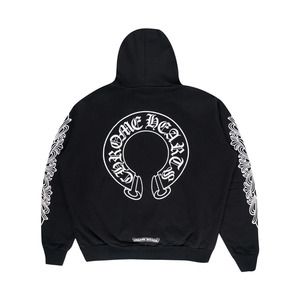 Hoodies: Chrome Hearts Horseshoe Floral Cross Sleeve Zip Up Hoodie Black/White