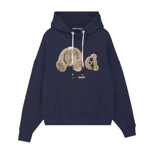 Hoodies: Palm Angels Bear Print Sprayed Logo Hoodie Navy Blue/Brown