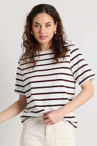 Tees Womens: RE:UNION Binding Boxy Tee Chocolate White Stripe