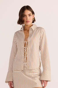 Shirts Womens: MINKPINK Artemis Tie Shirt Tan Stripe