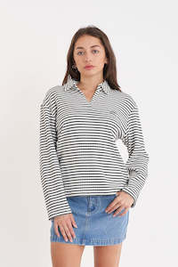 Tops Long Sleeve Womens: HUFFER Alfie Stripe Ls Polo Chalk Black