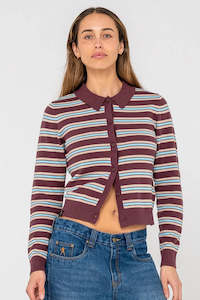Knits Womens: RUSTY Extra Credit Button Up Cardigan Burgundy Stripe