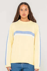 RUSTY White Lines Long Sleeve Knit Pale Banana Retro Blue
