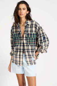 Shirts Womens: ONE TEASPOON Flannel Star Studded Shirt Cream Blue