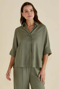 Shirts Womens: BETTY BASICS Lynwood Linen Shirt Olive Green
