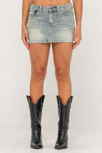 RUSTY Dirty Mavericks Denim Mini Skirt Dirty Dawg
