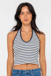 Tops Womens: RUSTY Halley Halter Top Retro Navy Stripe