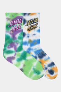 SANTA CRUZ Stack Strip Crew Sock Youth 2 Pack Blue Tiedye Light Green Tiedye