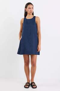 RE:UNION Generous Linen Sleeveless Mini Dress Navy