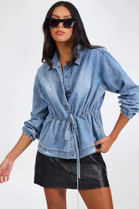 Womens: ONE TEASPOON Drawstring Denim Shirt Washed Blue