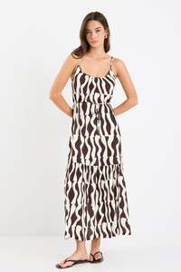 AMONG THE BRAVE Relax Strappy Tiered Maxi Dress Chocolate Geo