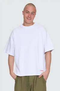 Mens: WORSHIP Reverse Box Fit Cropped Overdye Tee White