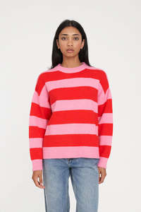 HUFFER Kenzie Stripe Knit Crew Pink Red