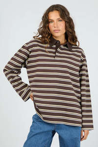 Tees Long Sleeve Womens: SILENT THEORY Reece Rugby Top Chocolate