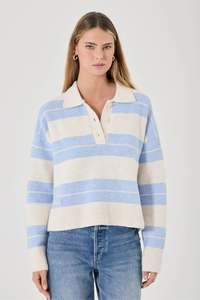 Tops Long Sleeve Womens: ROLLAS Sofia Stripe Polo Soft Blue