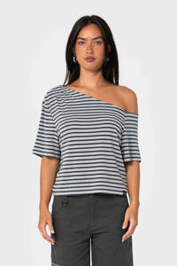 RUSTY Sally Slouch Stripe Off Shoulder Top Grey Egret Stripe