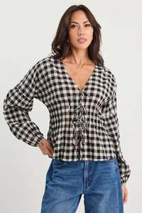 IVY + JACK Discovery Longsleeve Tie Front Top Black Gingham