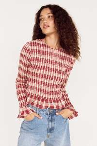 MINKPINK Anouk Shirred Top Wine Check