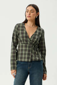 AFENDS Jonah Ls Top Deep Olive Check