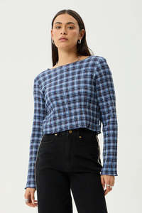 AFENDS Mountains Seersucker Ls Top Navy