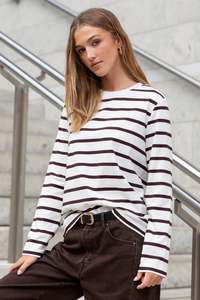 RE:UNION Tether Long Sleeve Boxy Tee Chocolate White Stripe