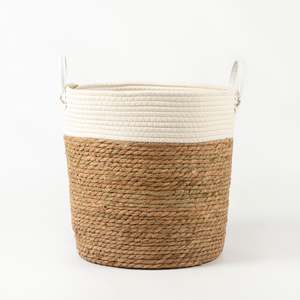 Pot Size 17cm 20cm: White Two-tone Basket with Leather Handles