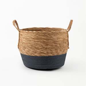 Natural and Blue Bottom Basket with Hemp Handle