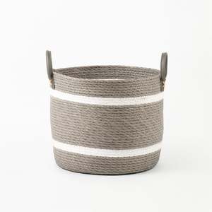 Greyly Basketly: Two-Striped Grey Basket with Leather Handles