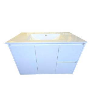 900MM VANITY WHITE GLOSS WALL HUNG BASE & CERAMIC TOP