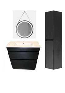 Combo: Plywood 600 Vanity Combo Dark Oak with Tall Cabinet and Framed led Mirror