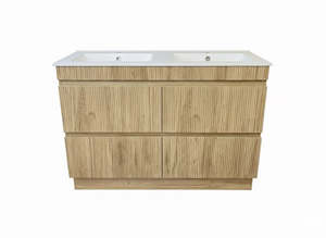 PLYWOOD 1500 OAK FLUTED VANITY WITH DBL WHITE GLOSS CERAMIC TOP