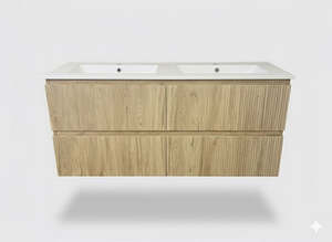 PLYWOOD 1500 DBL WALLNUT FLUTED VANITY WALLHUNG WITH CERAMIC TOP