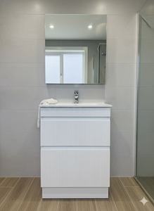 Vanities 1: PLYWOOD SLIM 600 MATTE WHITE FLUTED VANITY WITH CERAMIC TOP