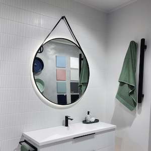 Bathroom Mirrors Mirror Cabinets New Zealand: CODE SOLACE ROUND STRAP BLACK FRAMED LED MIRROR - 3 SIZES