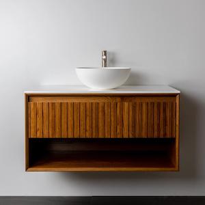 Primo Vanities: PLATO LARGO 1200 SINGLE DRAWER OPEN SHELF WALL HUNG VANITY