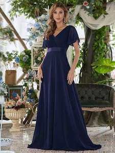 Bridesmaid Dress: Billie flutter sleeve v neck chiffon dress in navy blue s24 Express NZ wide