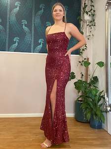 Nz Stocked Ball Gowns: Laura sequin sparkling lace up dress with split in Burgundy Express NZ wide