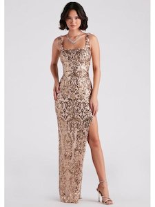Color Silver: Denny square neck sequin ball gown in gold s6 Express NZ wide