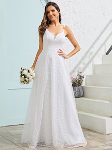 Wedding Gown: Jordie ivory sequin A-line dress with thin straps Express NZ wide