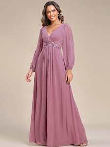 Color Navy: Cindy dusky rose sleeved ball or evening dress in chiffon s18 Express NZ Wide