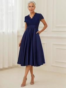 Color Black: June classy below knee lace and satin mother of the bride dress