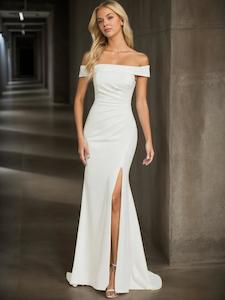 Lace: Nadiya off shoulder wedding dress with split and train in Ivory