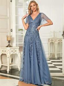 Color Navy: Sally dusky navy sequin and tulle evening dress with flutter sleeve Express NZ Wide