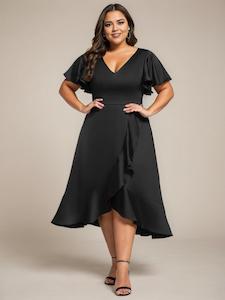 Rebecca satin ruffle dress with short flutter sleeves